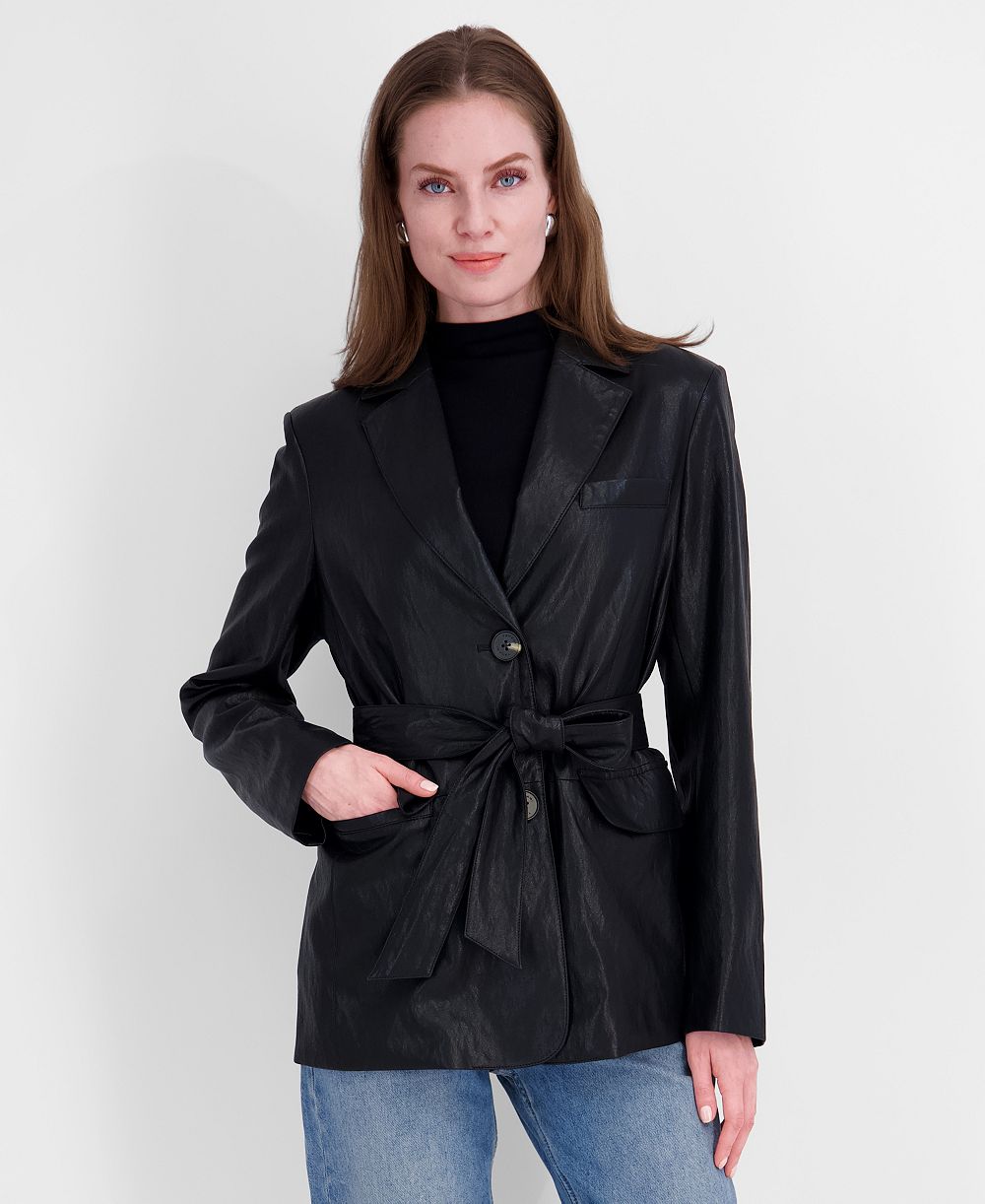 Tahari Petite Belted Faux-Leather Trench Coat