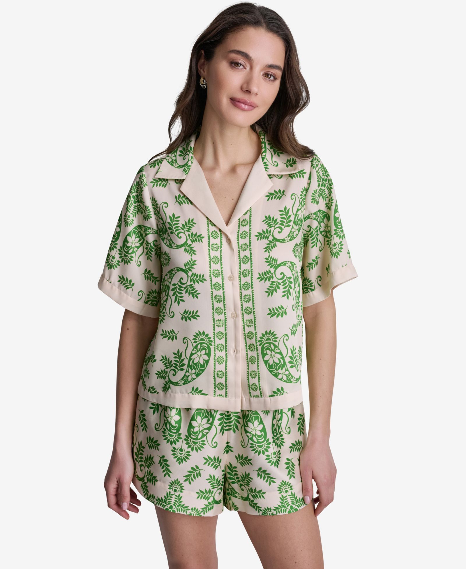 Женская блузка BCBG Botanical Print Short-Sleeve Button-Front