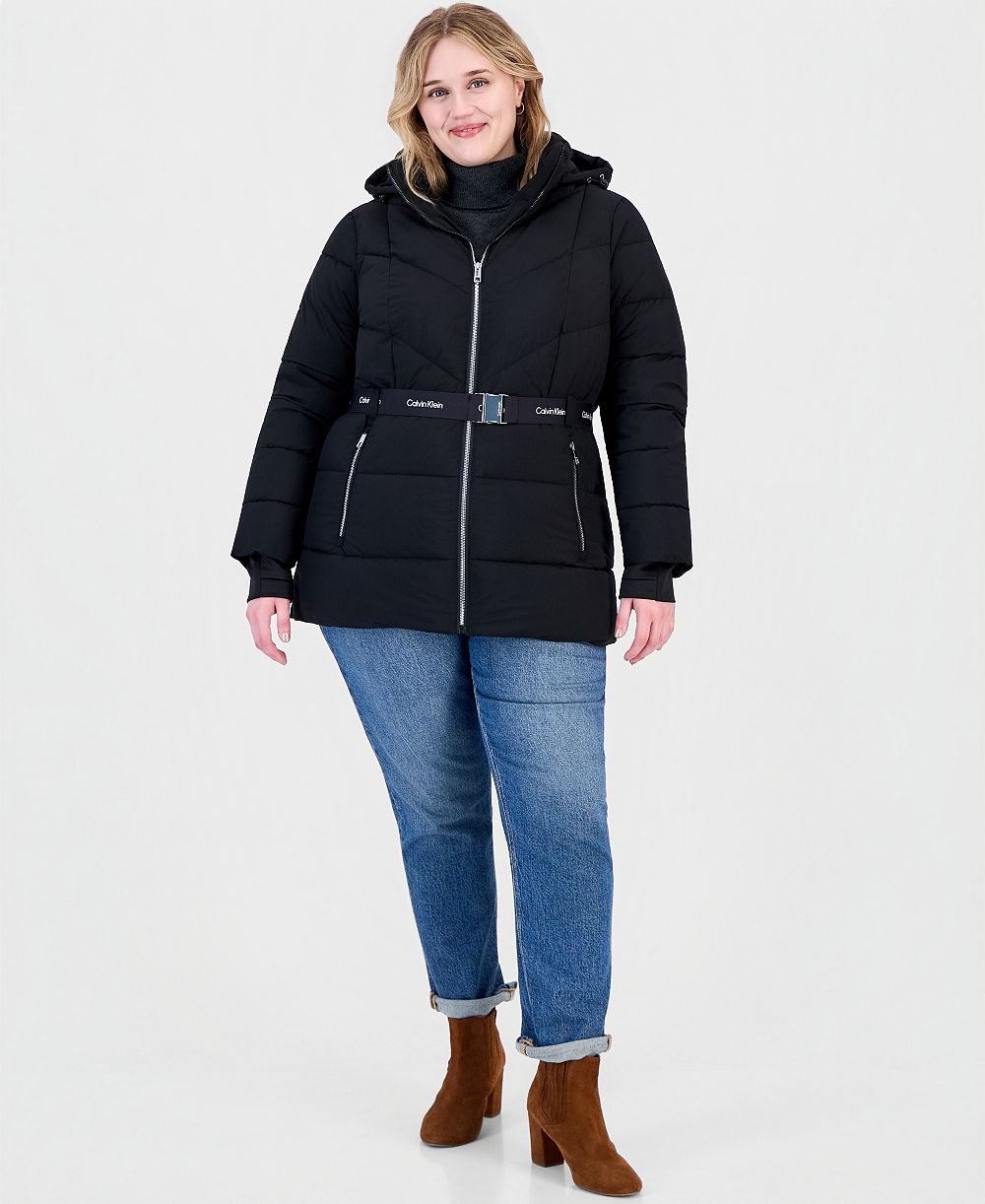 Calvin Klein Plus Size Hooded Belted Thumbhole Puffer Coat