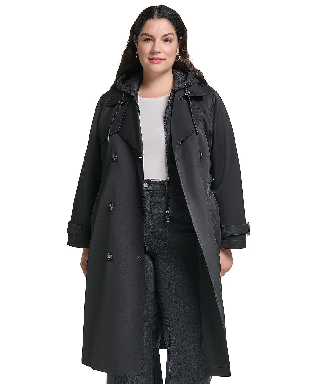 DKNY Plus Size Hooded Double-Breasted Belted Coat