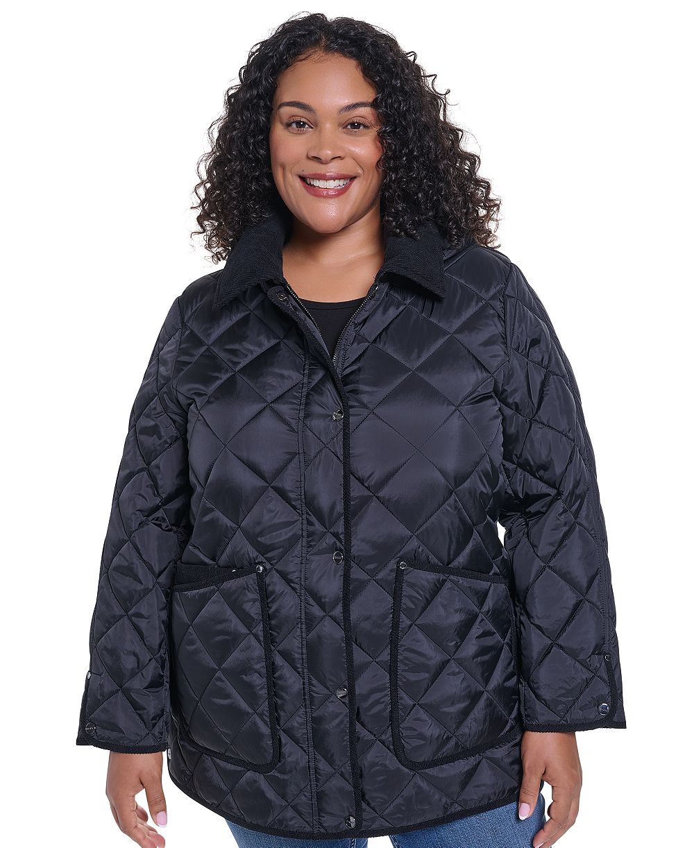 DKNY Plus Size Quilted Hooded Corduroy Collar Coat