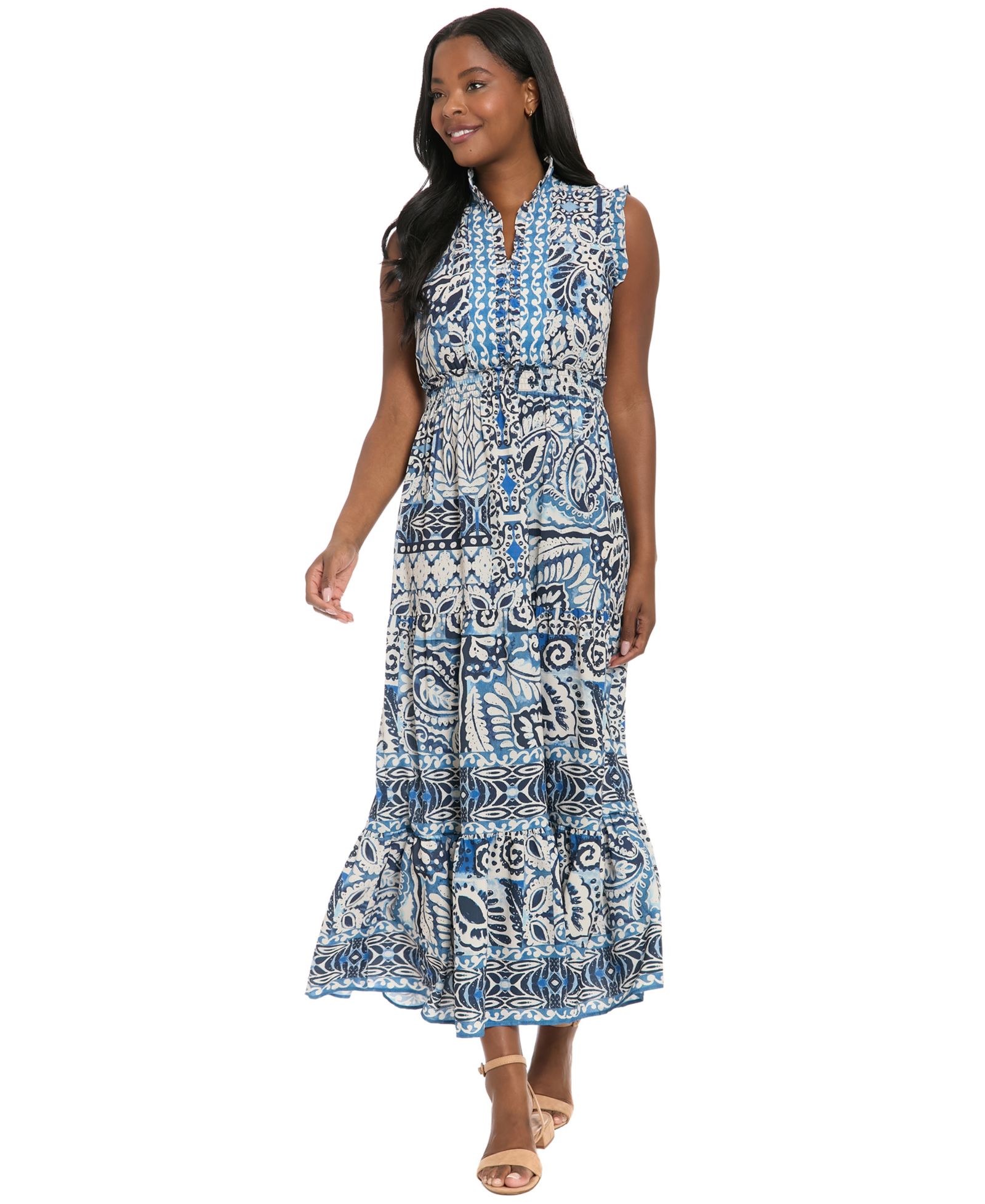 London Times Women's Collared Tiered Maxi Dress