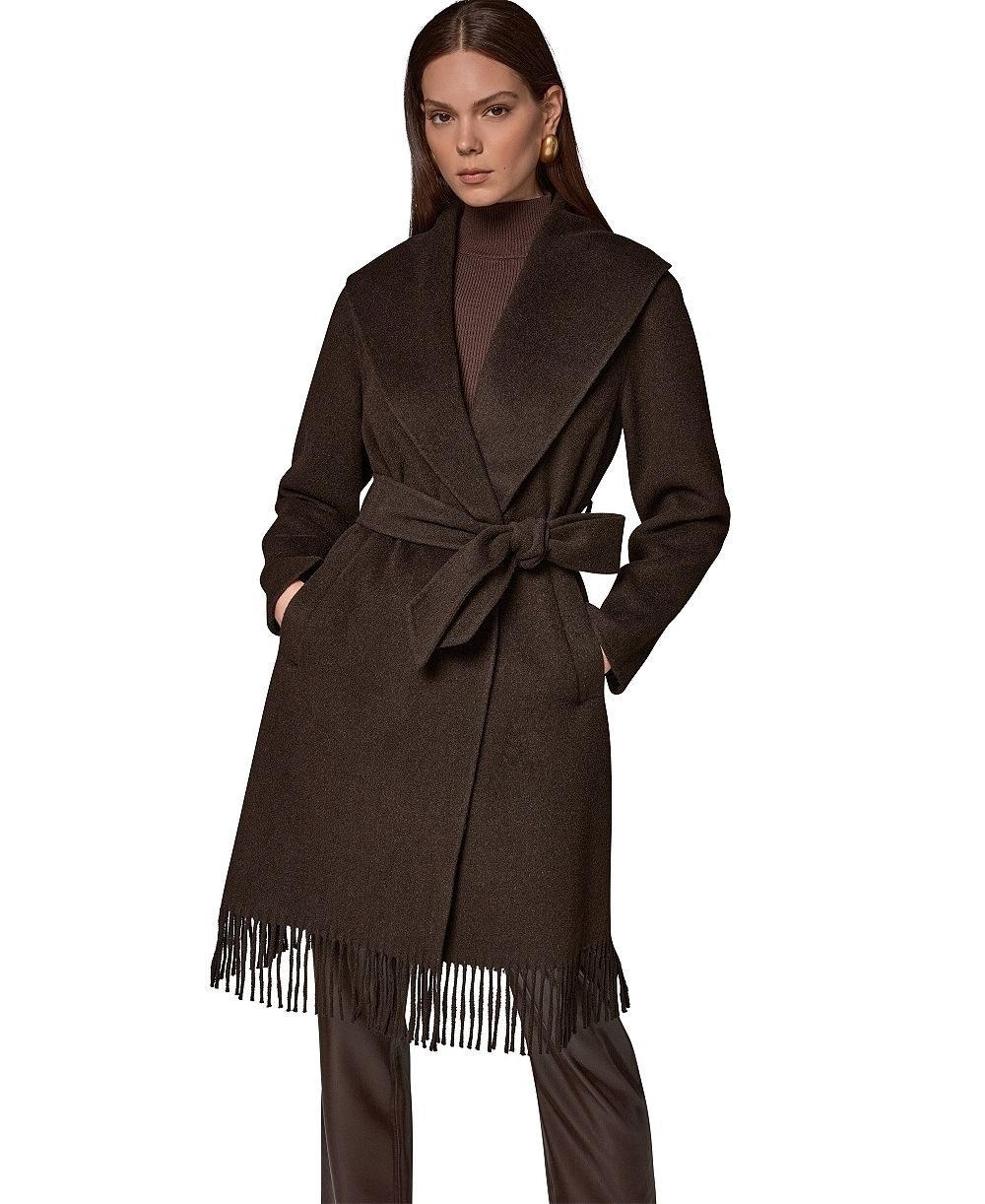 Donna Karan New York Women's Belted Fringe Wool-Blend Shawl-Collar Mid-Length Coat