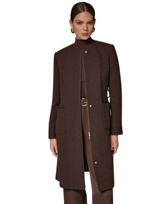 Donna Karan New York Женское пальто из шерстяной смеси без воротника с отделкой из искусственной кожи