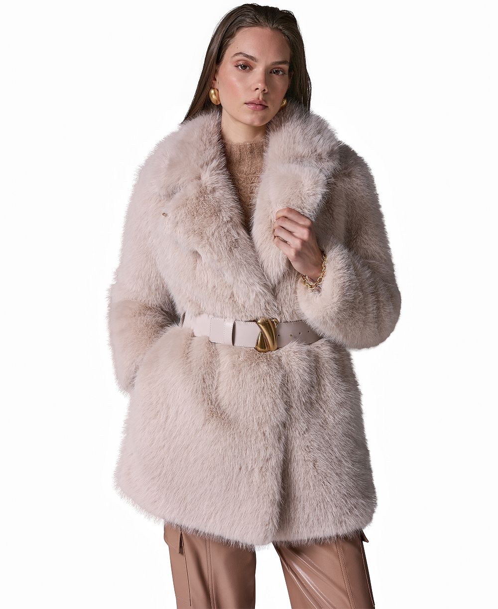 Donna Karan New York Womens Belted Collared Faux Fur Coat