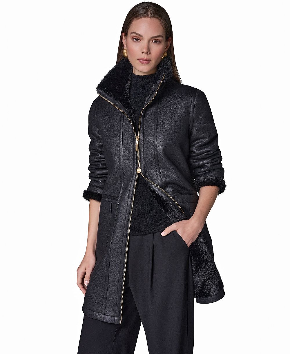 Женское длинное пальто Donna Karan New York с длинным рукавом, воротником-стойкой и искусственным мехом