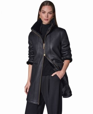 Donna Karan New York Women's Faux Shearling Long-Sleeve Spread Collar Coat