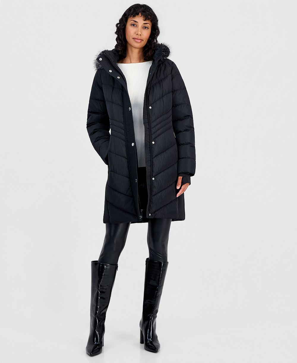 Michael Kors Женская дутая куртка с меховой отделкой Hooded Faux-Fur Trim Puffer Coat