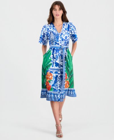 T Tahari Женский Printed Elbow-Sleeve V-Neck Midi Dress