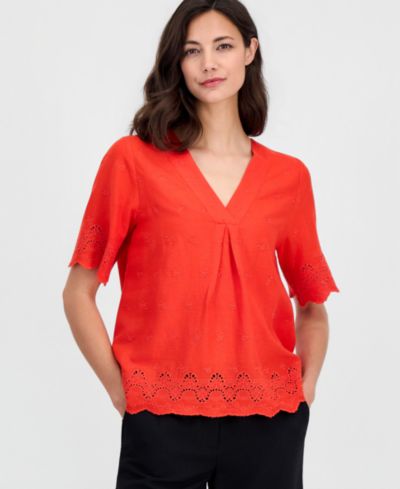 T Tahari Женский Embroidered Eyelet-Hem Top