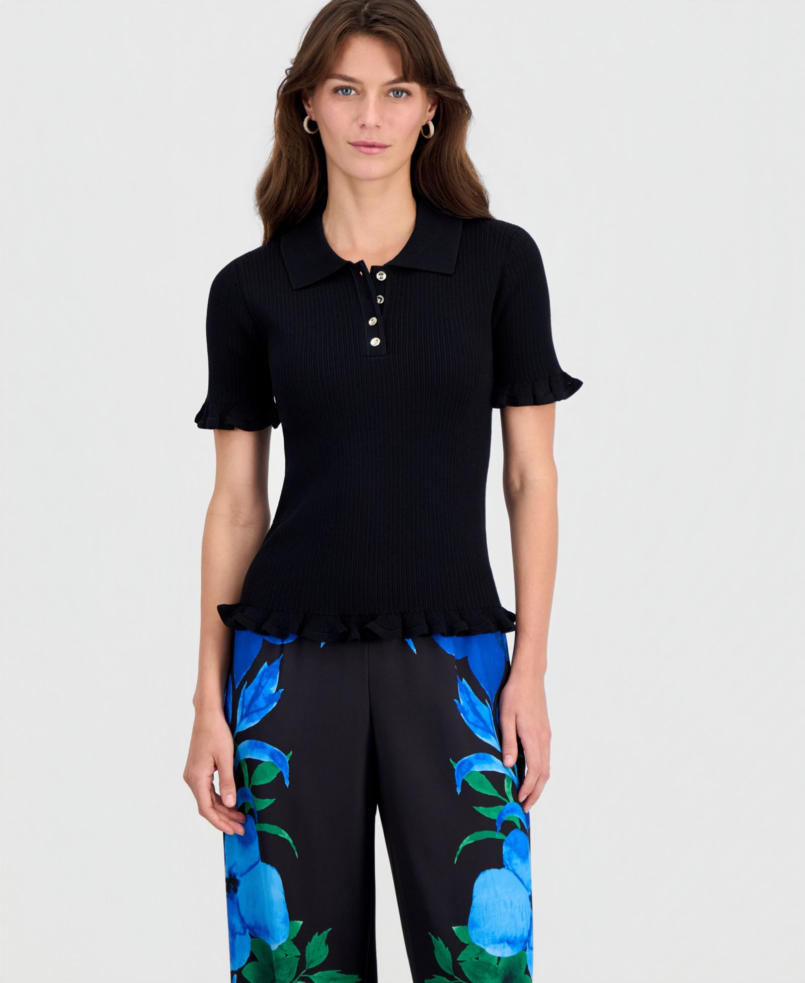 T Tahari Women's Half-Placket Ribbed Ruffle-Trim Top