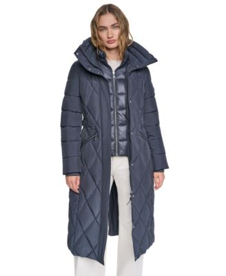 DKNY Women's Long Belted Quilted Puffer Coat