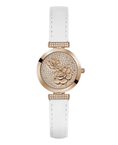 GUESS Women's Rose Gold-Tone Stainless Steel White Leather Analog Watch, 28mm