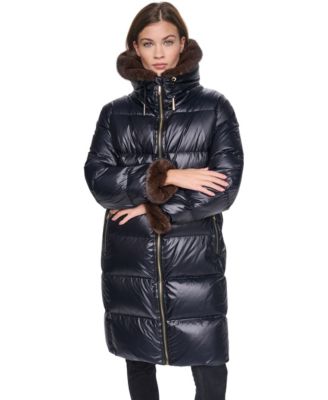 Halston Women's Long Faux Fur Cuff and Collared Puffer