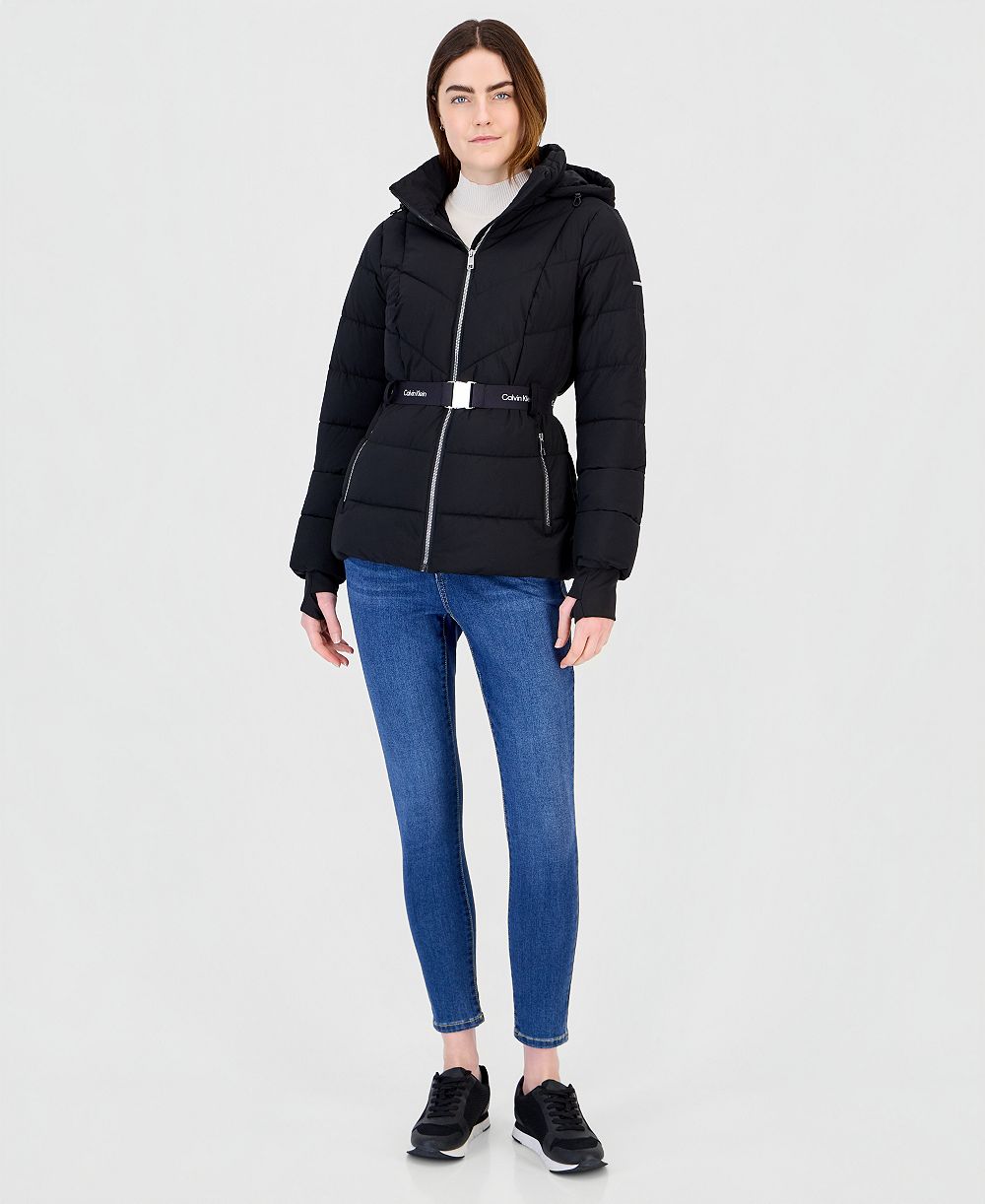 Calvin Klein Women's Belted Thumbhole Cuff Puffer Coat