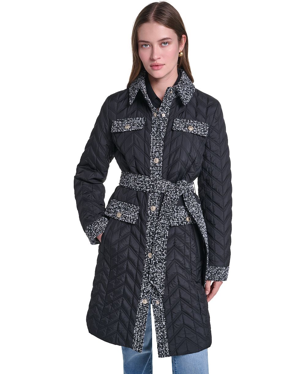 KARL LAGERFELD PARIS Women's Long Quilted Tweed-Trim Coat