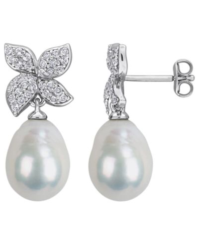 Macy's Cultured Freshwater Pearl and White Topaz (5/8 ct t.w.) Drop Earrings in Sterling Silver