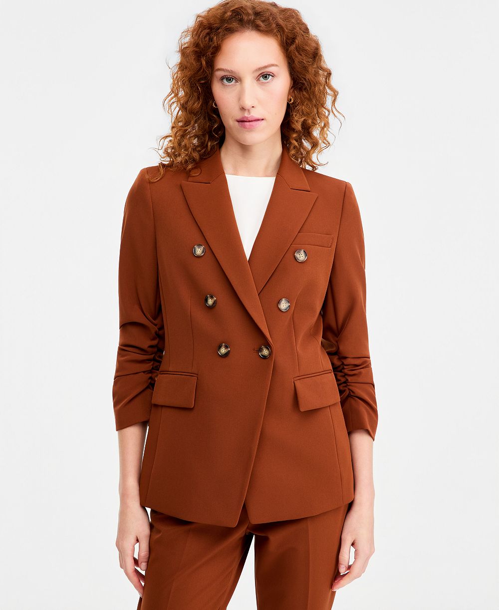Tahari ASL Women's Ruched-Sleeve Double-Breasted Blazer