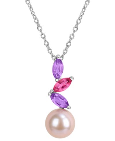 Macy's Cultured Freshwater Pearl, Pink Amethyst (1/2 ct t.w.) & Pink Topaz (1/5 ct. t.w.) Necklace in Sterling Silver