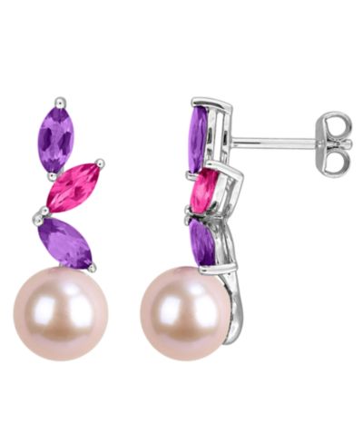 Macy's Cultured Freshwater Pearl, Pink Amethyst (1 ct. t.w.) & Pink Topaz (3/8 ct. t.w.) Earrings in Sterling Silver