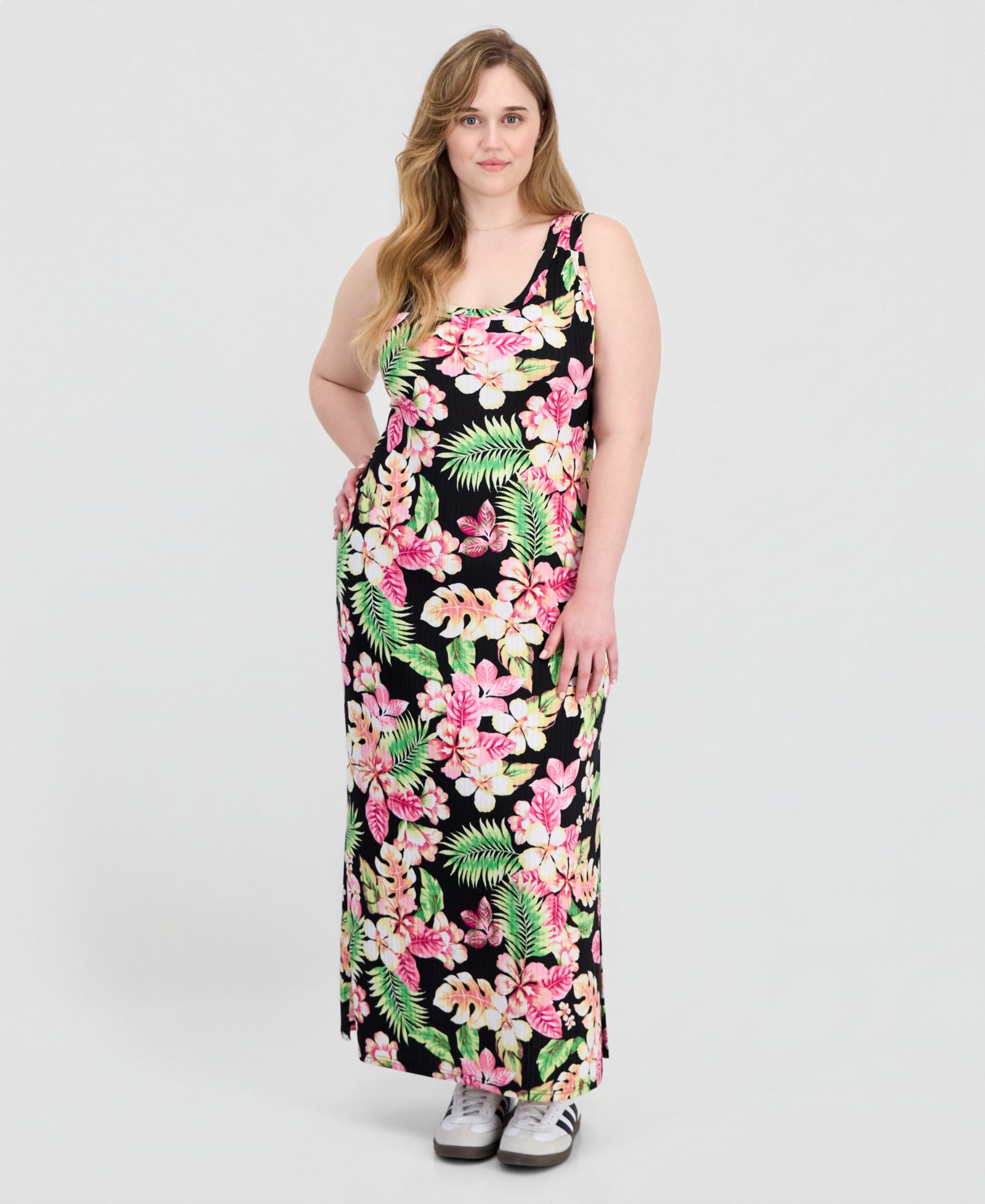 FULL CIRCLE TRENDS Платье макси в рубчик с принтом для Plus Size