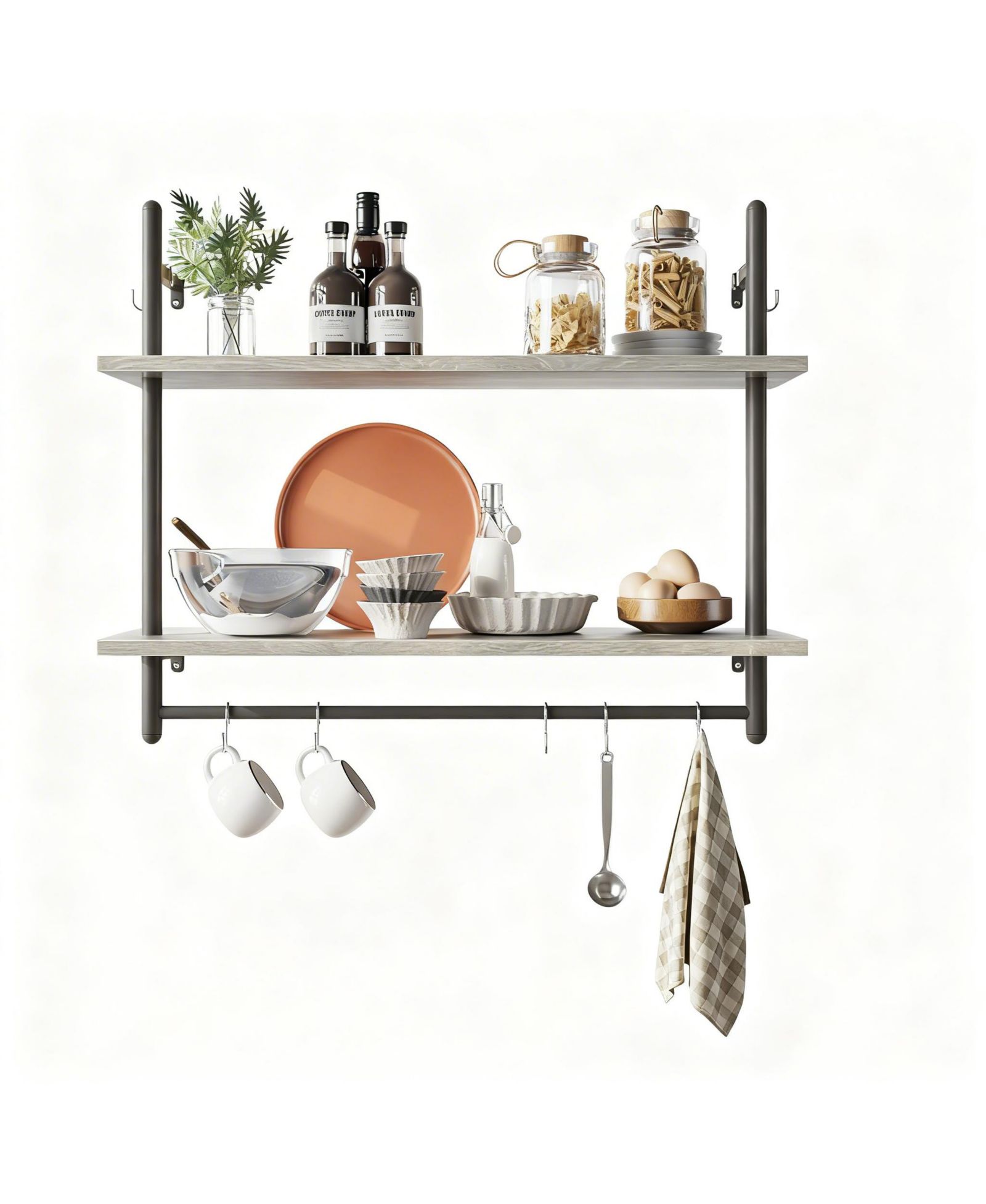 YIGII Floating Shelves Wall Mounted 31" 2-Tier Storage Rack with Towel Bar 8 Hooks