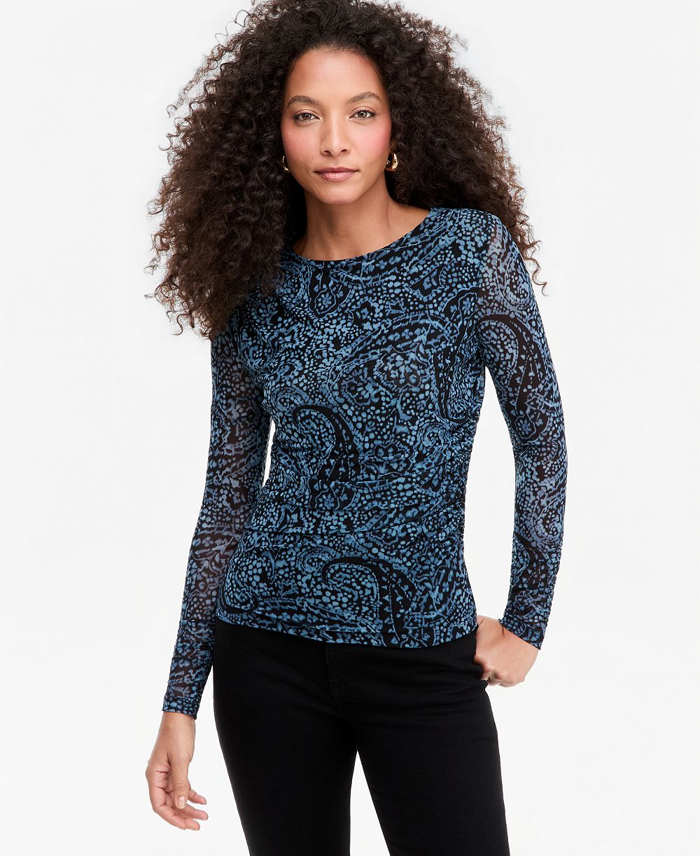 I.N.C. International Concepts Women's Ruched Mesh Long-Sleeve Crewneck Top, Macy's Exclusive