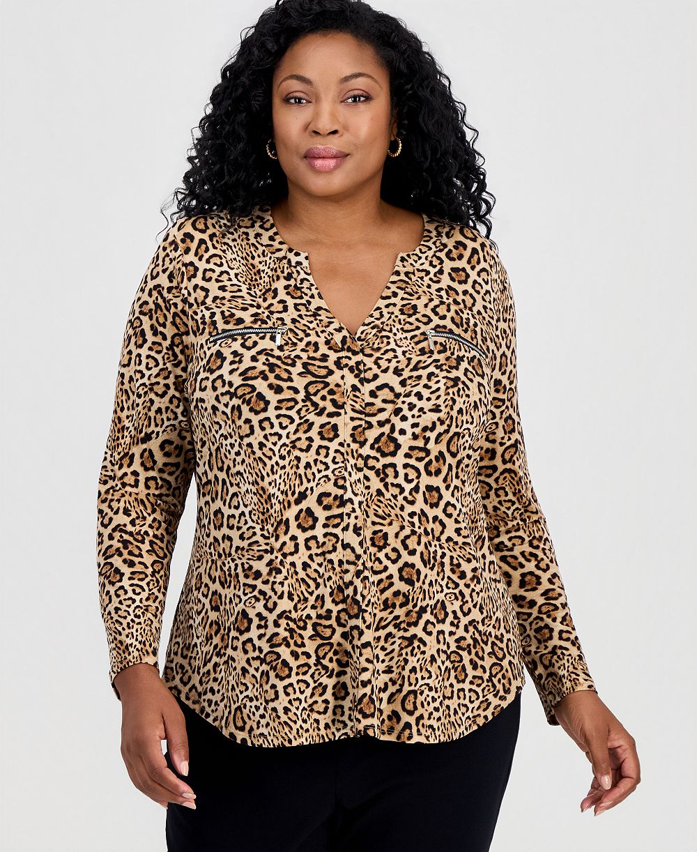 JM Collection Plus Size Long-Sleeve V-Neck Leopard-Print Blouse, Macy's Exclusive