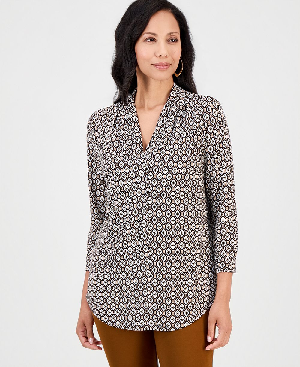 JM Collection Women's Printed 3/4 Sleeve V-Neck Knit Top, Macy's Exclusive