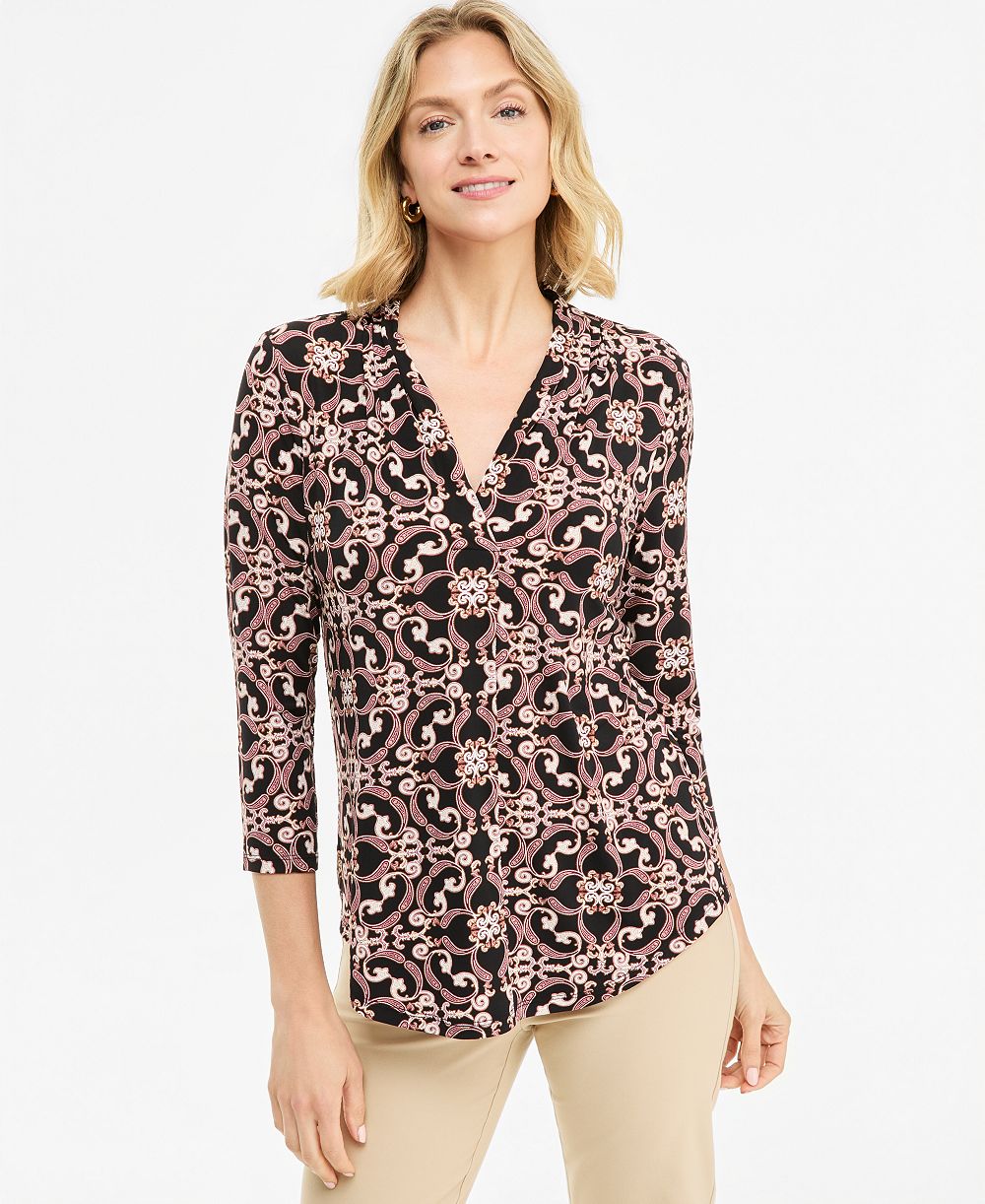 JM Collection Petite Printed 3/4 Sleeve V-Neck Knit Top, Macy's Exclusive