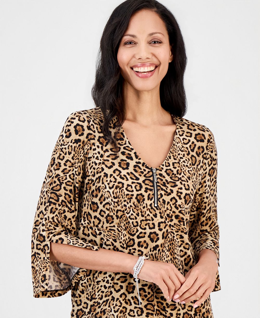 JM Collection Petite Bold Leo 3/4-Sleeve Leopard-Print Zip-Front Top, Macy's Exclusive
