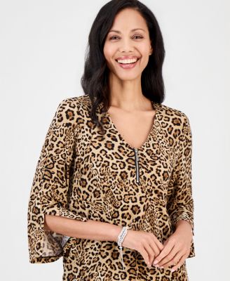 JM Collection Petite Bold Leo 3/4-Sleeve Leopard-Print Zip-Front Top, Macy's Exclusive