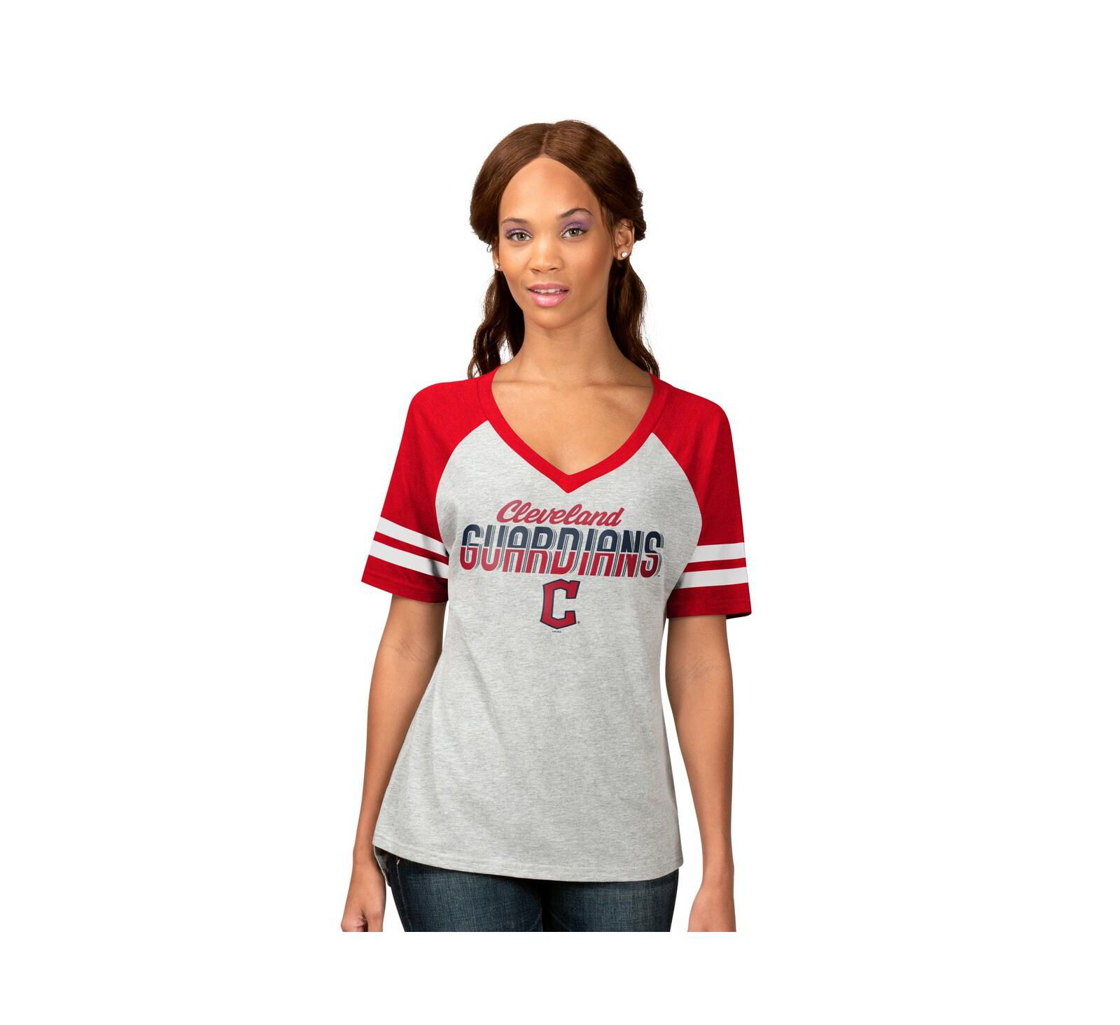 Женская футболка G-III 4Her by Carl Banks Heather Gray Cleveland Guardians Goal Line Raglan V-Neck