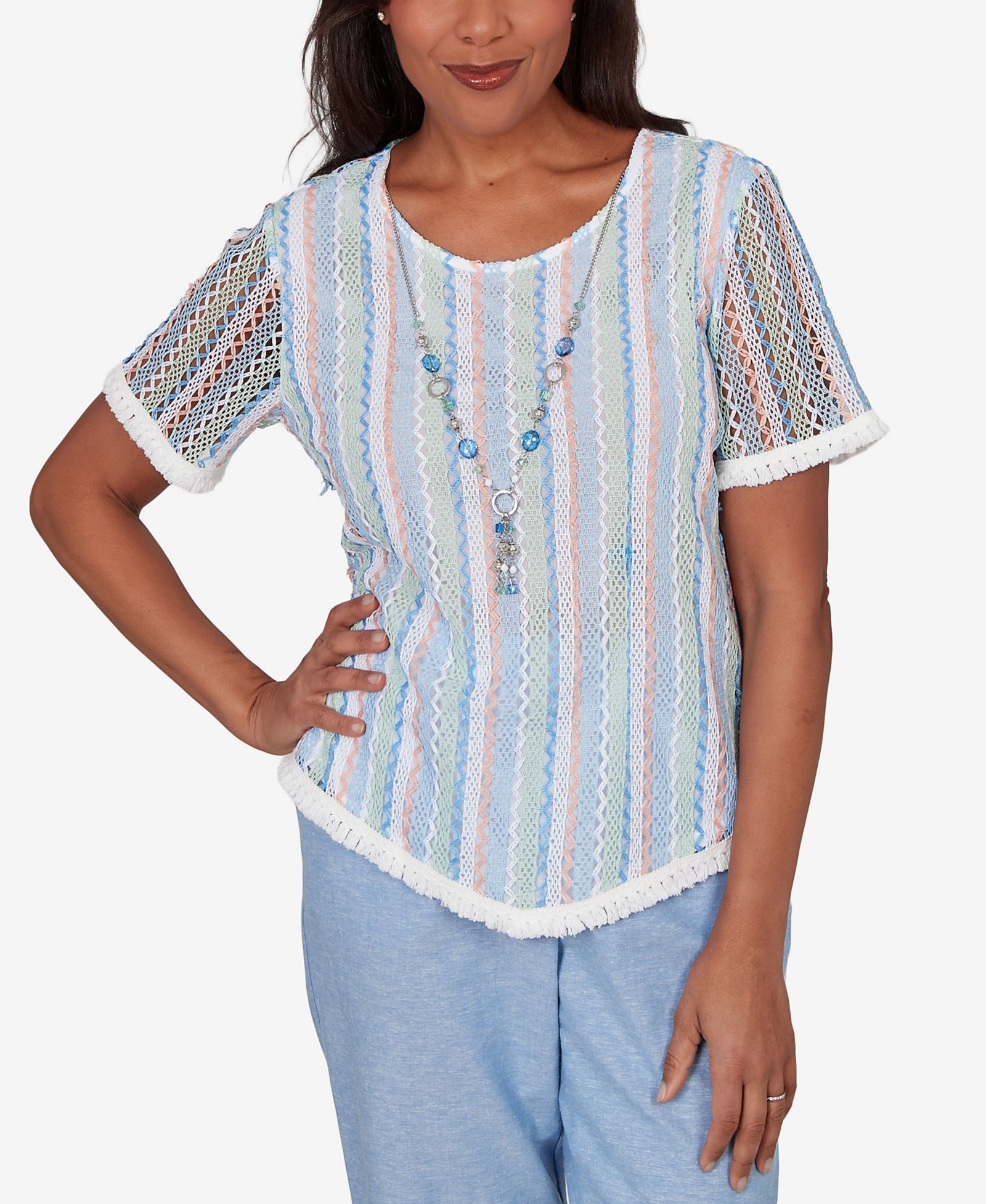 Alfred Dunner Women's Caribbean Blues Textured Stripe T-Shirt with Necklace