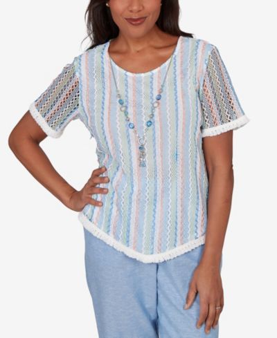 Alfred Dunner Women's Caribbean Blues Textured Stripe T-Shirt with Necklace