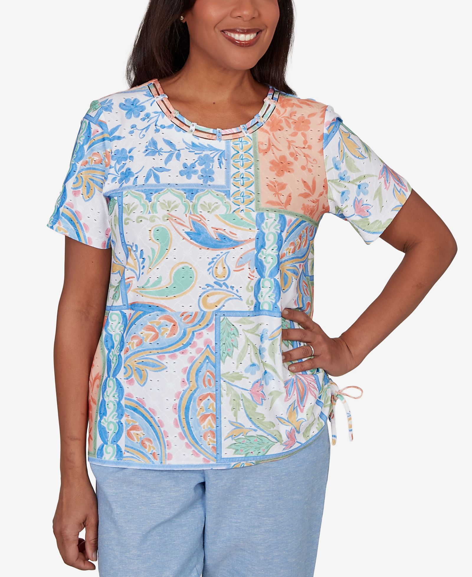 Alfred Dunner Women's Caribbean Blues Patchwork Scroll Side Tie Ruched T-Shirt
