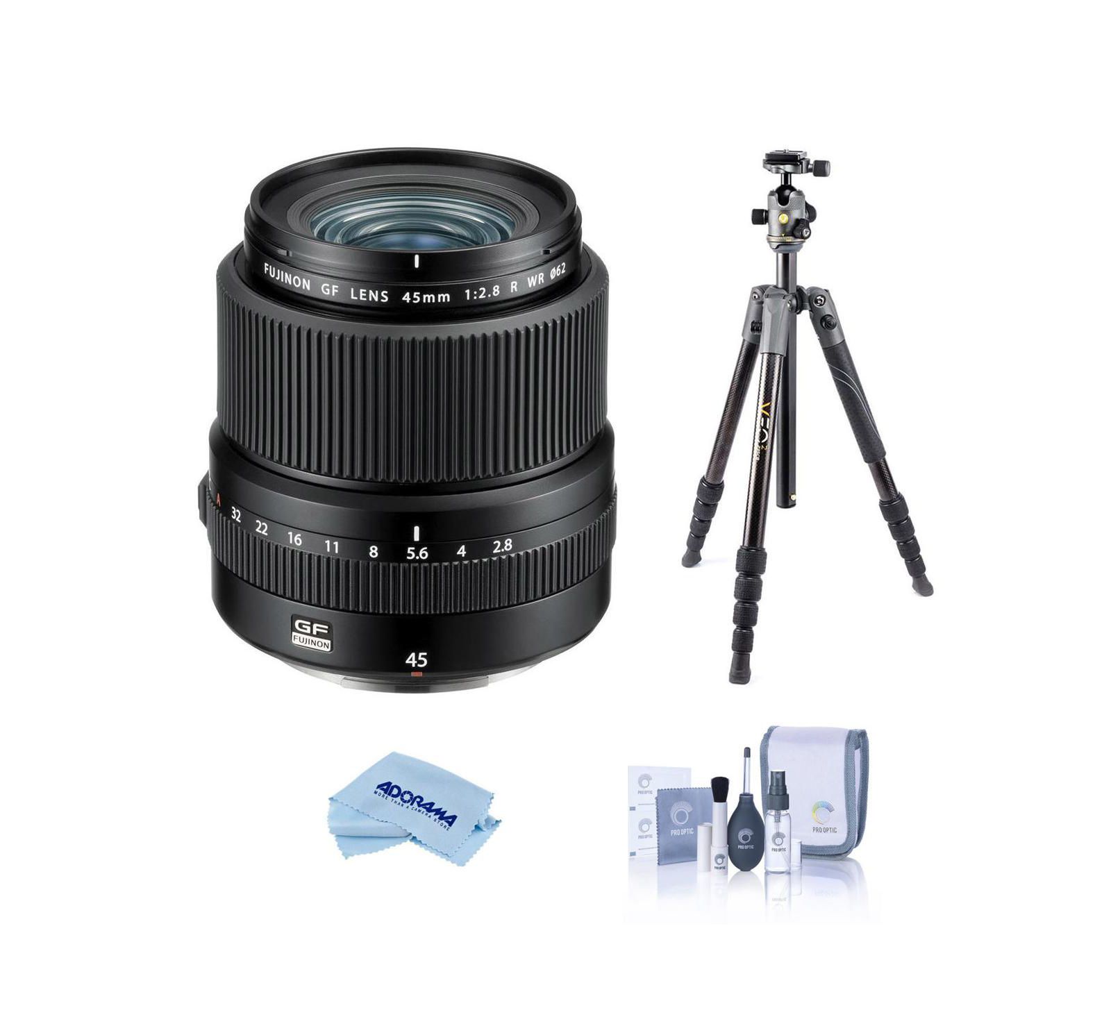 Fujifilm GF 45mm f/2.8 R WR Wide Angle Weather and Dust Resistant Lens, Tripod, and Cleaning Kit, 3-Piece Bundle for GFX Cameras