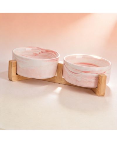 ARONKL Ceramic Cat Dog Bowl Set with Wood Stand Non Slip 13.5 Ounces Easy Wash Safe Pet Feeder