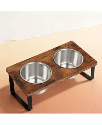 ARONKL Elevated Dog Bowl Stand with 2 Stainless Steel Bowls Tilted Wood Metal Joint Strain Relief Non-slip