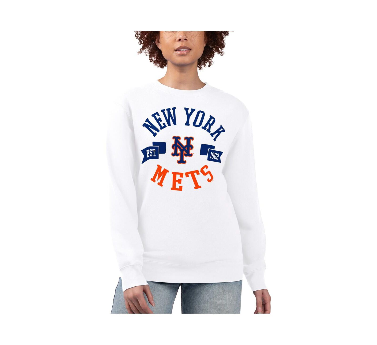 G-III 4Her by Carl Banks Women's White New York Mets Team Logo Fleece Pullover Sweatshirt