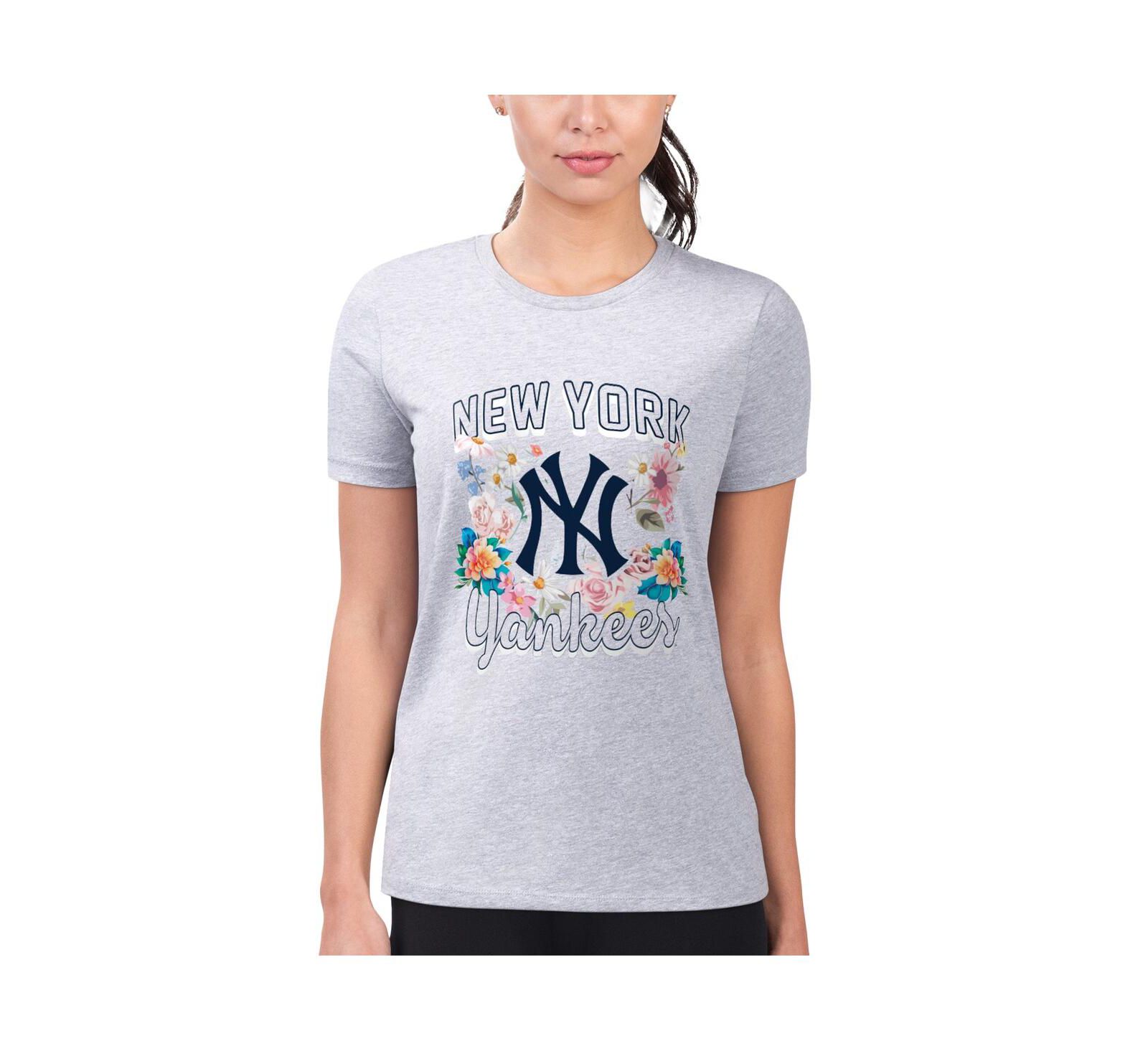G-III 4Her by Carl Banks Women's Heather Gray New York Yankees Super-Slim Fit Lightweight Flowers Graphic T-Shirt