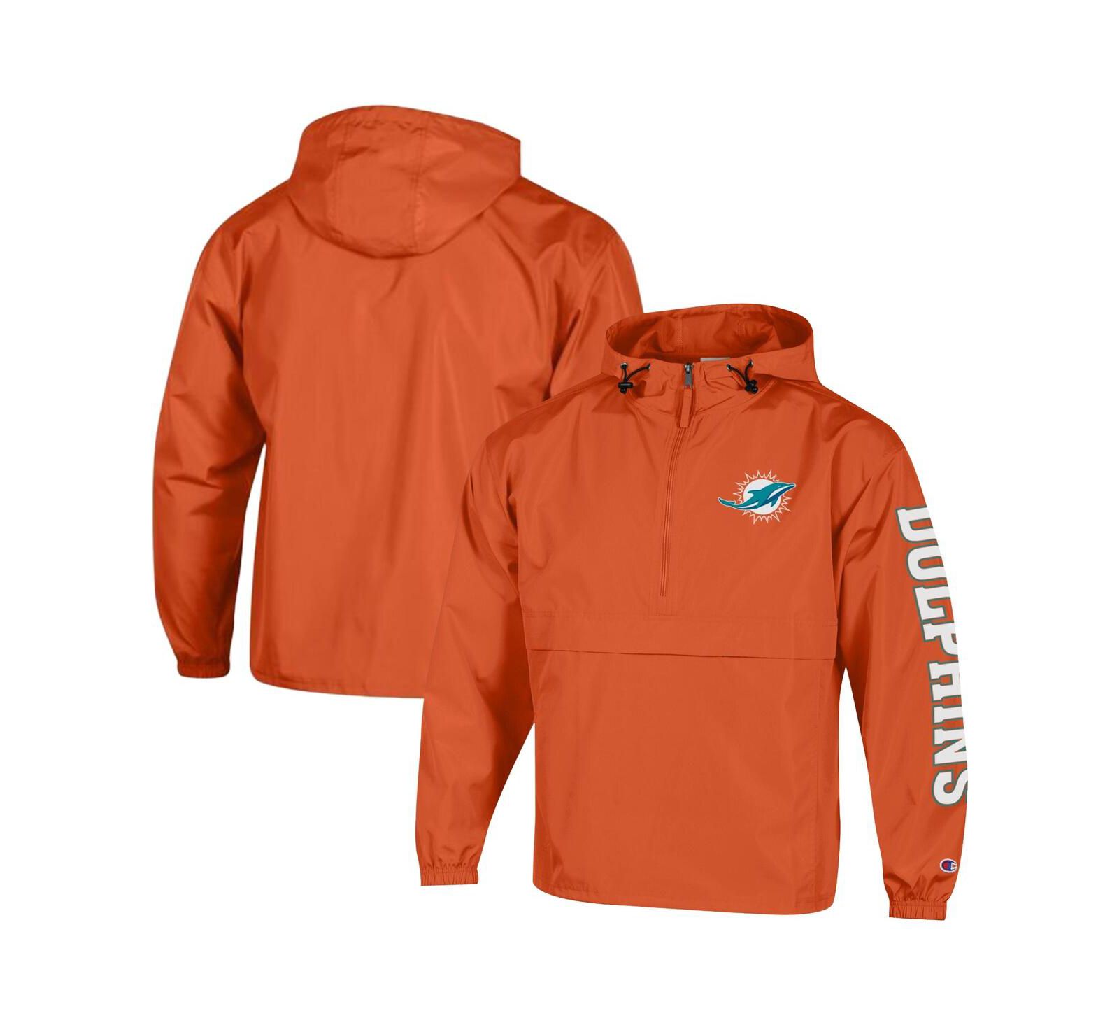 Champion Men's Orange Miami Dolphins Packable Windbreaker Half-Zip Jacket