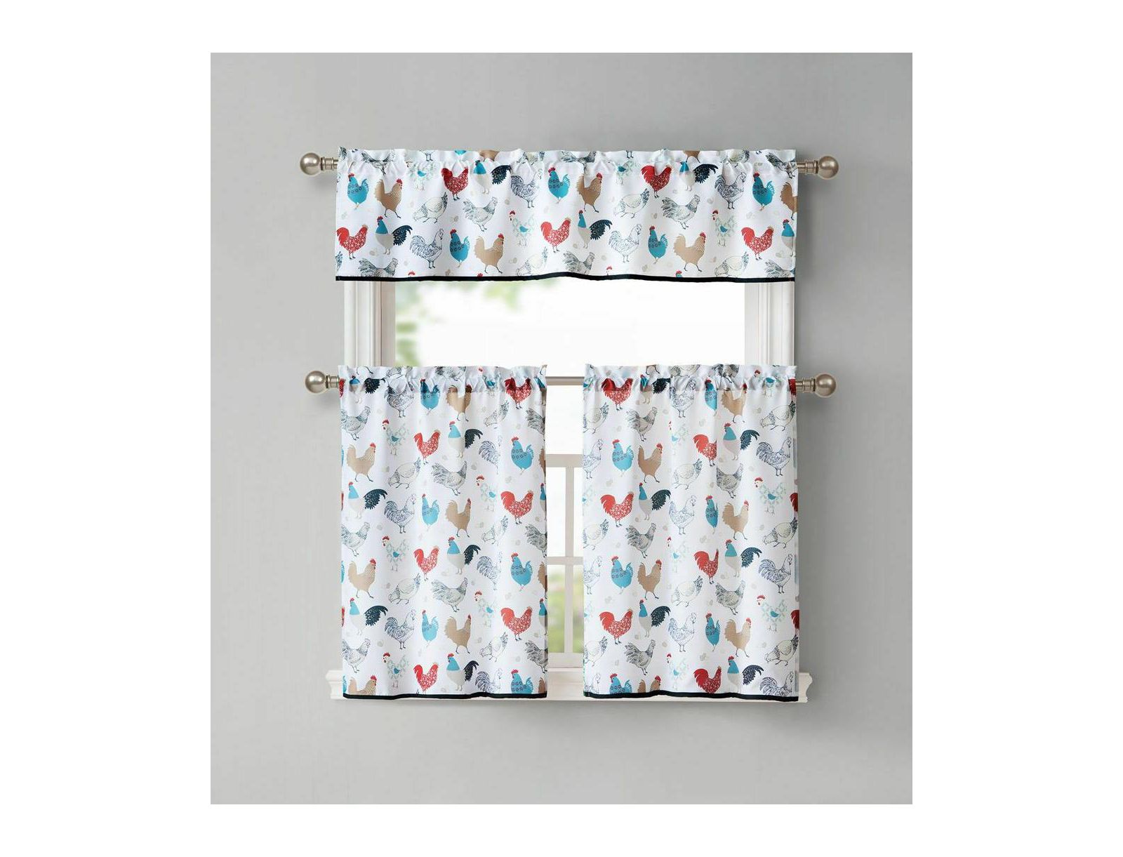 Kate Aurora Multi Rooster Complete 3 Pc Kitchen Curtain Tier and Valance Set
