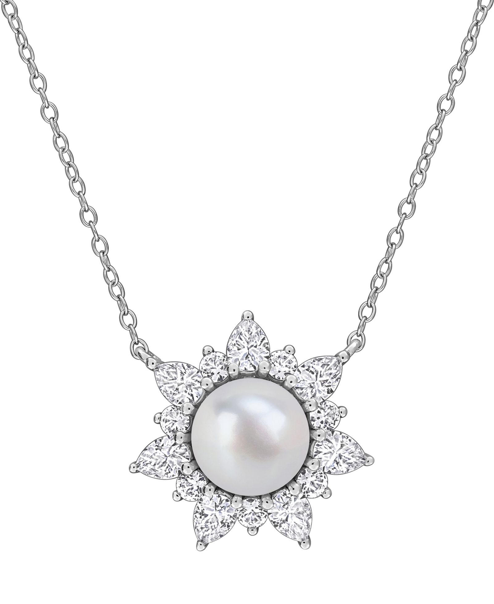 Macy's Cultured Freshwater Pearl & Created White Sapphire (2 ct. t.w.) Pendant Necklace in Sterling Silver