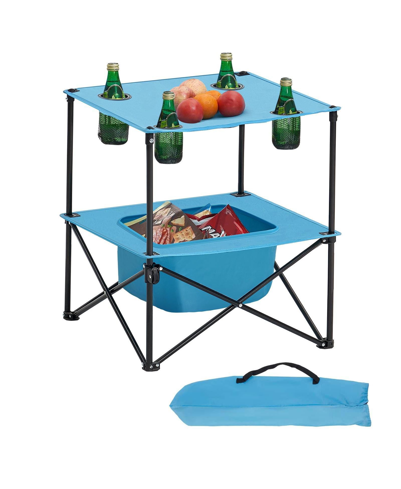 Mecale Folding Camping Table, 600D Waterproof Oxford Top with 4 Cup Holders, Carry Bag