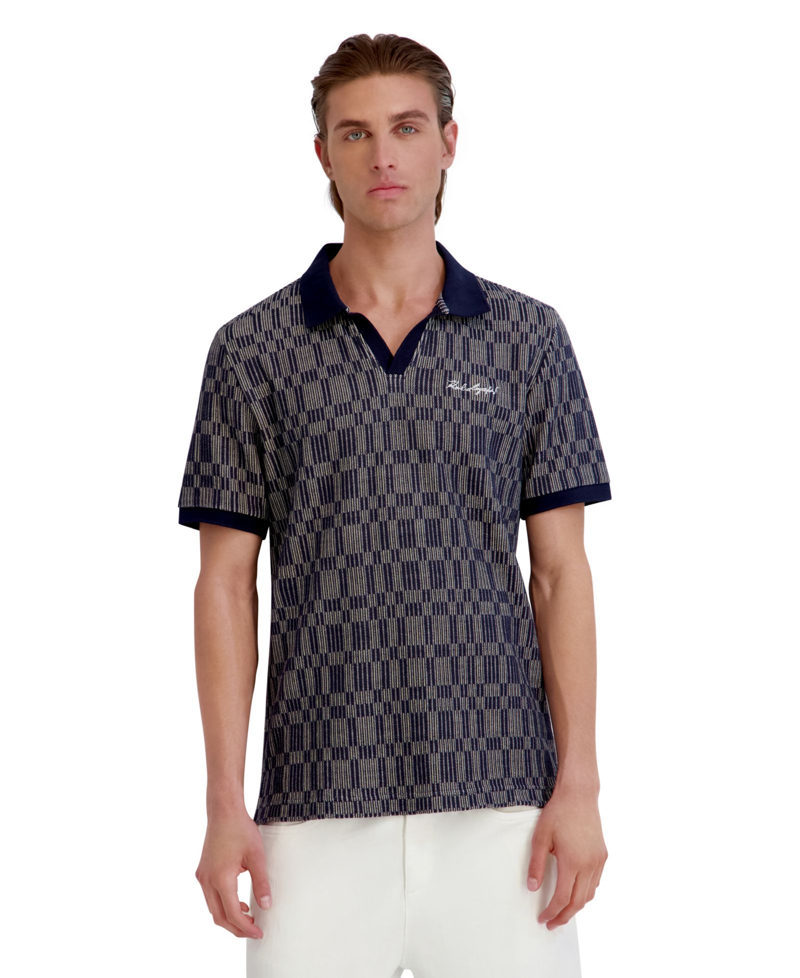 KARL LAGERFELD PARIS Men's Textured Color Blocking Stripes Polo Shirt