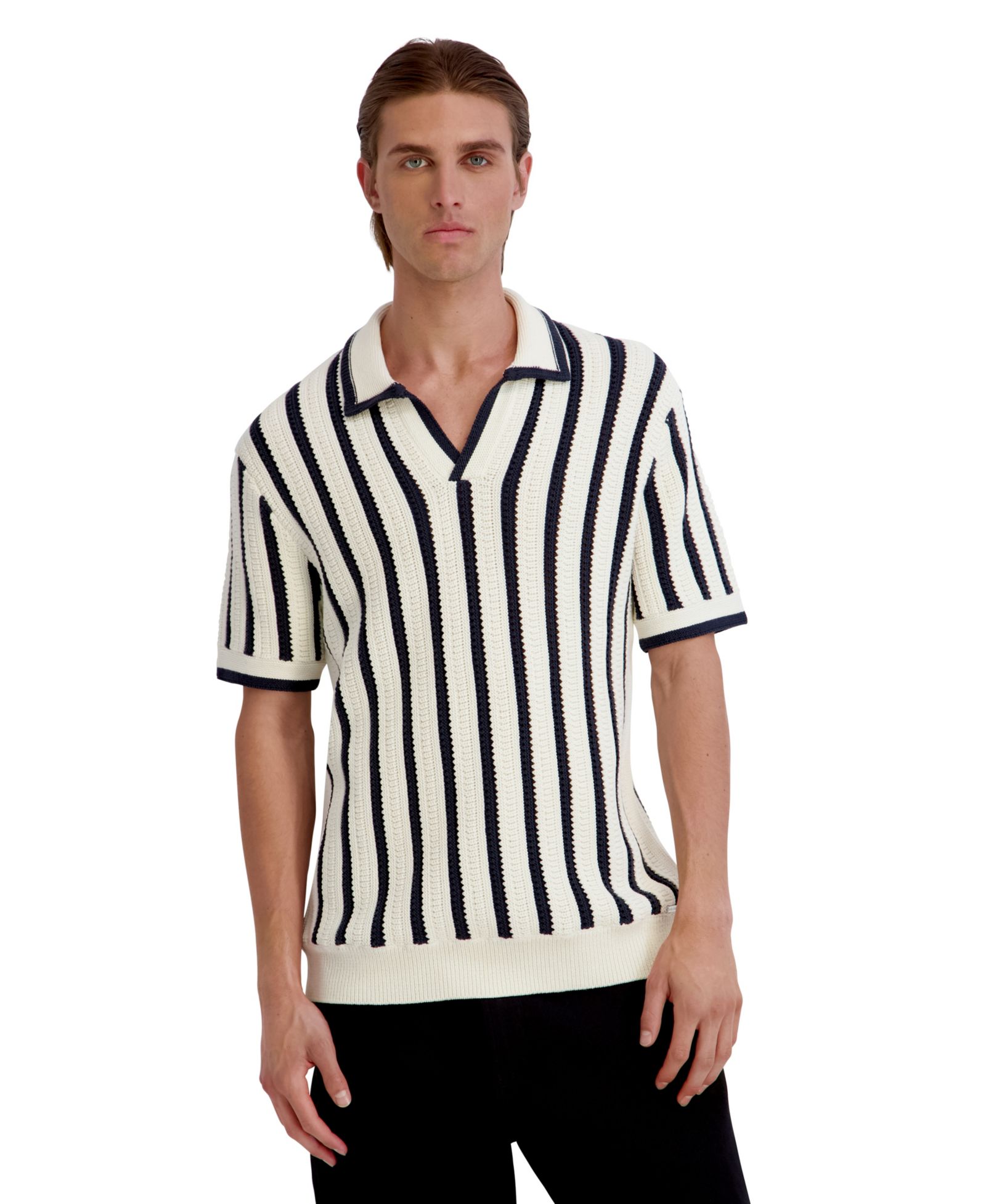 KARL LAGERFELD PARIS Men's Open Weave Stripe Johnny Sweater Polo Shirt