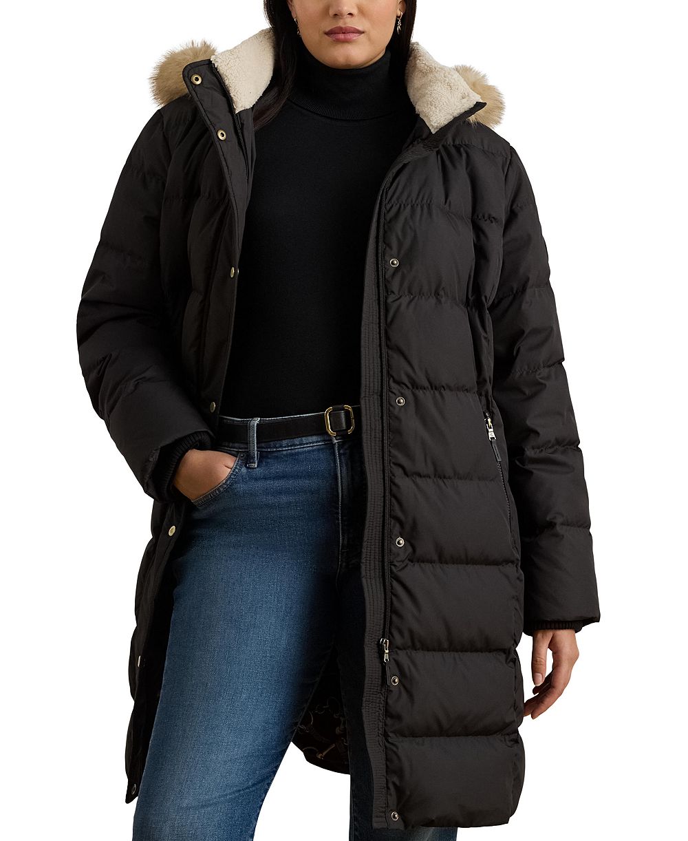 Lauren Ralph Lauren Plus Size Down Hooded Channel-Quilted Puffer Coat, Created for Macy's