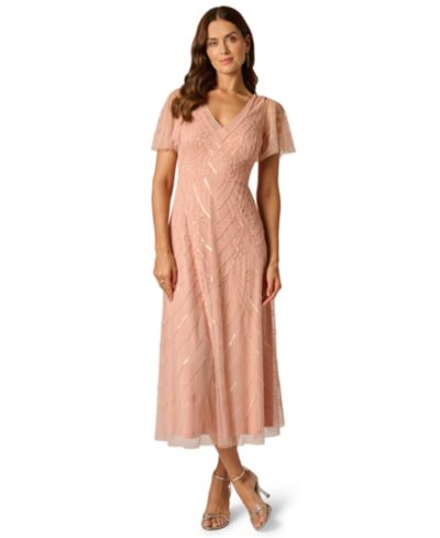 Adrianna Papell V-Neck Beaded Mesh Flutter-Sleeve Dress