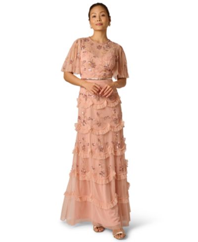 Женское платье Adrianna Papell Bead Mesh Crewneck Ruffle Dress